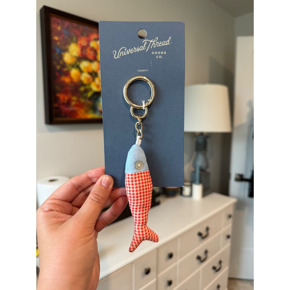 Universal Thread Gingham Fish Keychain Red White Blue Fabric Bag Charm NWT
